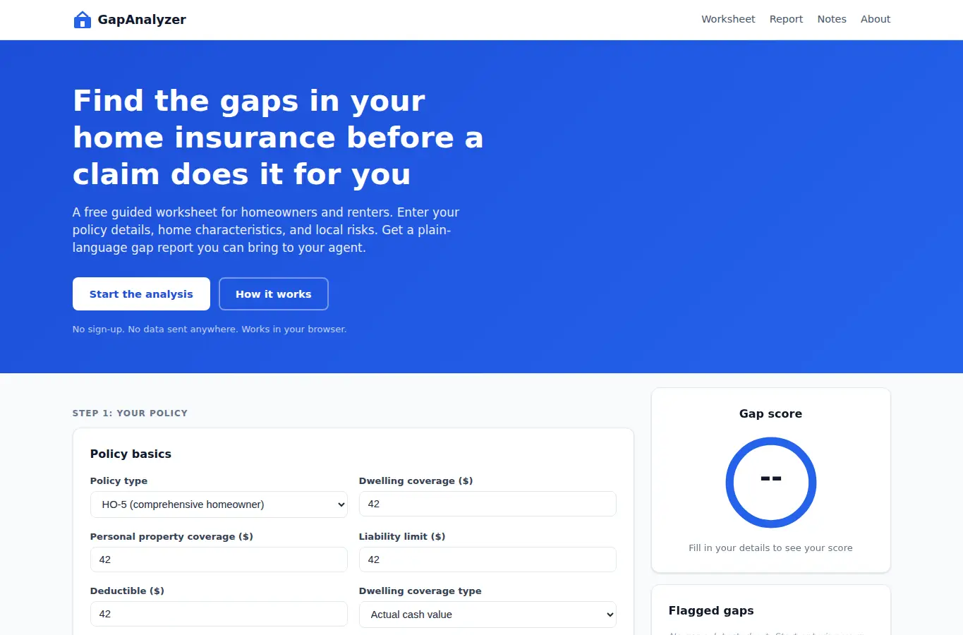Screenshot of Home Insurance Gap Analyzer interface showing the project page in use